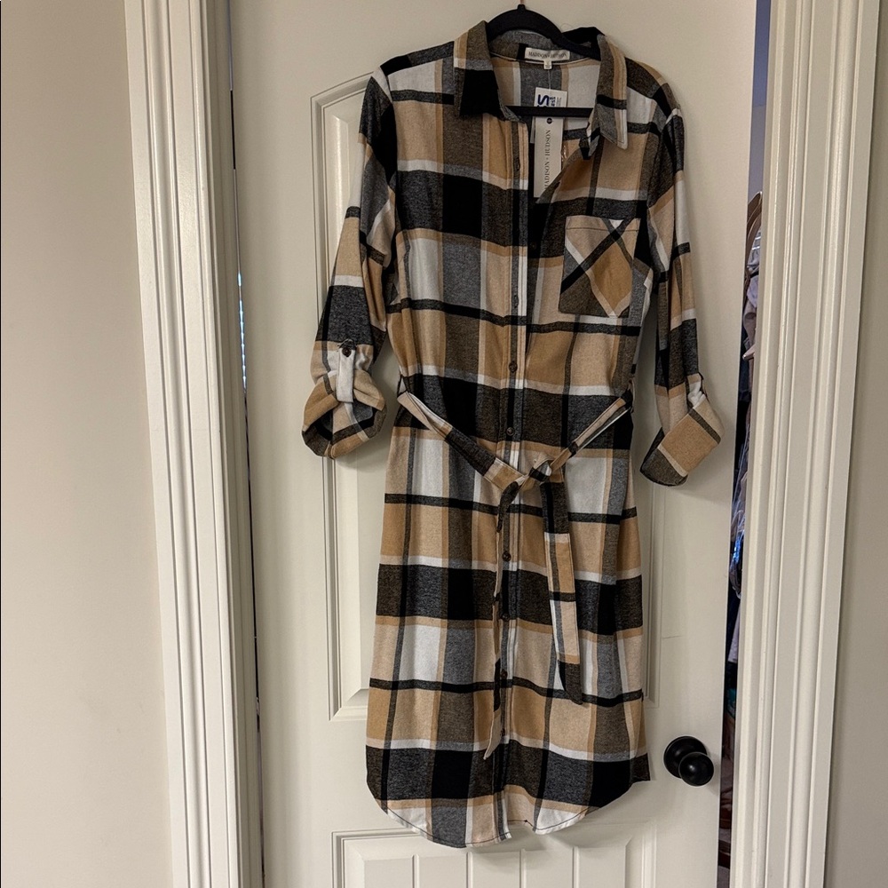 Plaid Shirt Dress with Belt